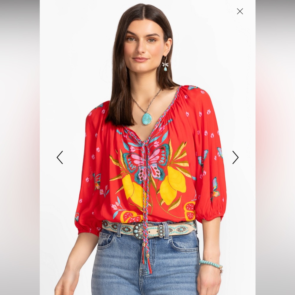 Johnny Was Jade Monaco Peasant Blouse Ekaterina Red Print Size Small NWT